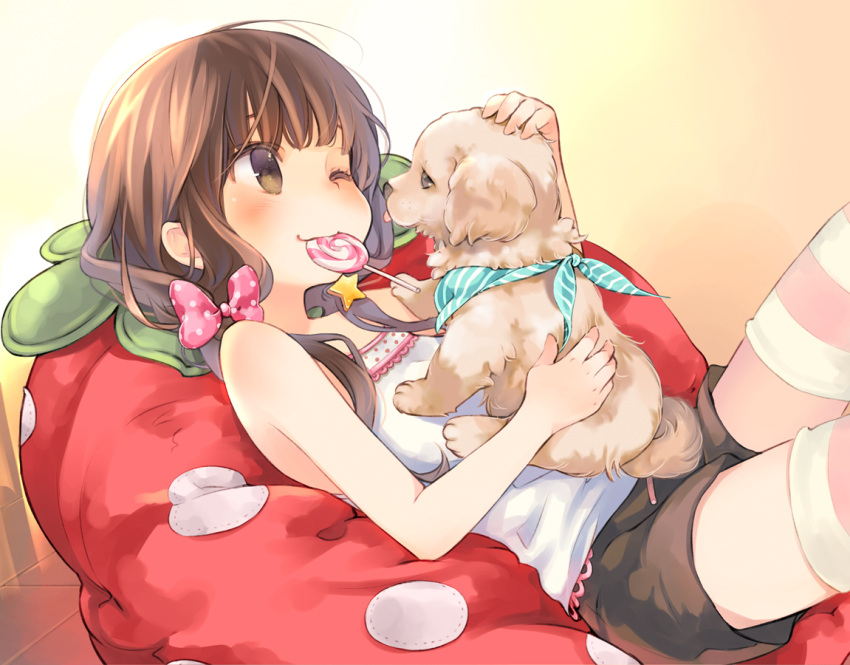 1girl ;) animal bangs bare_arms bare_shoulders blush bow brown_eyes brown_hair brown_shorts camisole candy commentary_request dog food food_in_mouth hair_bow kuga_tsukasa lollipop long_hair low_twintails lying mouth_hold on_back one_eye_closed original pillow pink_bow polka_dot polka_dot_bow short_shorts shorts smile solo star striped striped_legwear swirl_lollipop thigh-highs twintails white_camisole