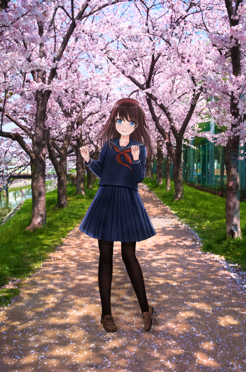 1girl absurdres bangs biako blue_eyes blue_sailor_collar blue_serafuku blue_shirt blue_skirt blue_sky blush brown_footwear brown_hair brown_legwear cherry_blossoms closed_mouth clouds cloudy_sky commentary_request dappled_sunlight day eyebrows_visible_through_hair flower full_body hair_between_eyes hands_up highres huge_filesize loafers long_hair long_sleeves looking_at_viewer neckerchief original outdoors pantyhose path pink_flower red_neckwear road sailor_collar shirt shoes skirt sky smile solo sunlight tree