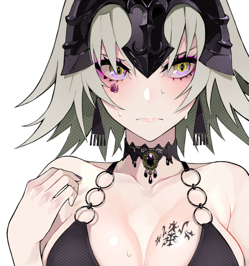 1girl alternate_costume bangs bare_shoulders bikini black_bikini blush bodypaint breasts choker cleavage closed_mouth collarbone commentary_request earrings facepaint fate/grand_order fate_(series) frown gem hand_on_own_shoulder headpiece highres jeanne_d'arc_(alter)_(fate) jeanne_d'arc_(fate)_(all) jewelry large_breasts looking_at_viewer nervous o-ring o-ring_bikini o-ring_top ram_(ramlabo) short_hair silver_hair simple_background solo sweat swimsuit upper_body white_background yellow_eyes
