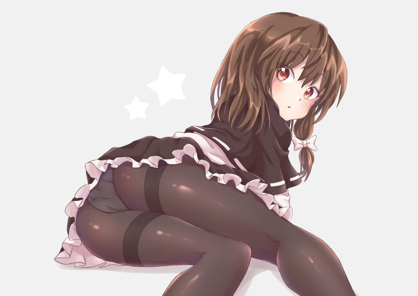 1girl absurdres ass bad_proportions bangs black_capelet black_legwear black_skirt bow brown_eyes brown_hair capelet commentary_request from_behind grey_background hair_bow highres long_hair looking_at_viewer looking_back lying miniskirt on_side panties panties_under_pantyhose pantyhose ramie_(ramie541) shirt simple_background skirt solo star thighband_pantyhose touhou underwear usami_renko white_bow white_shirt