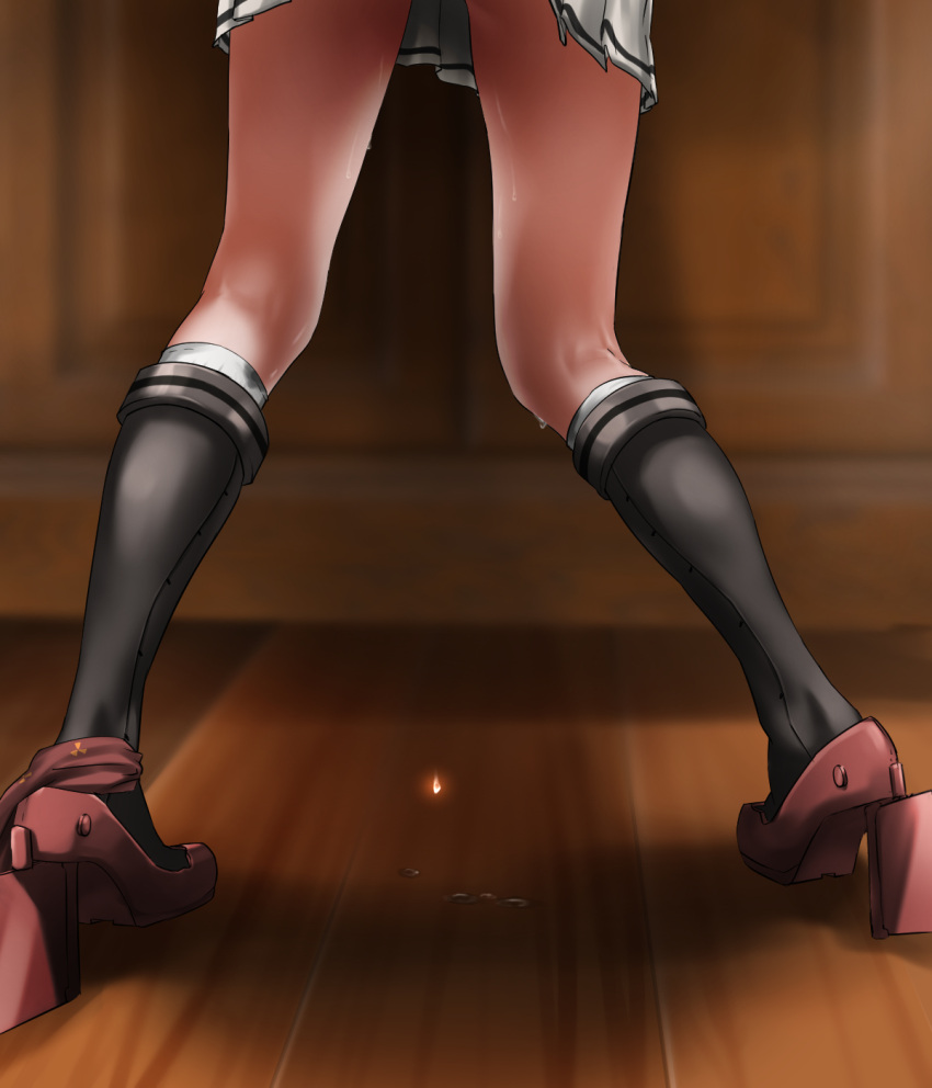 1girl akizuki_(kantai_collection) boots high_heels highres kantai_collection knee_boots legs lower_body pleated_skirt rudder_footwear skirt solo standing sweat tama_(seiga46239239)