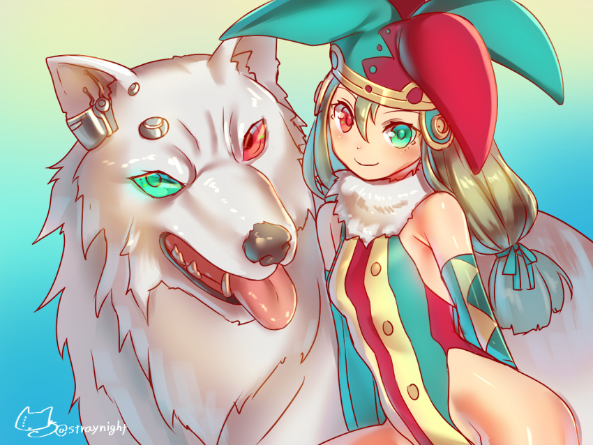 1girl animal breasts fur_collar green_eyes hat heterochromia jester jester_cap leotard long_hair looking_at_viewer mitake_eiru original oversized_animal red_eyes shiny shiny_skin signature small_breasts smile tongue tongue_out white_wolf wolf