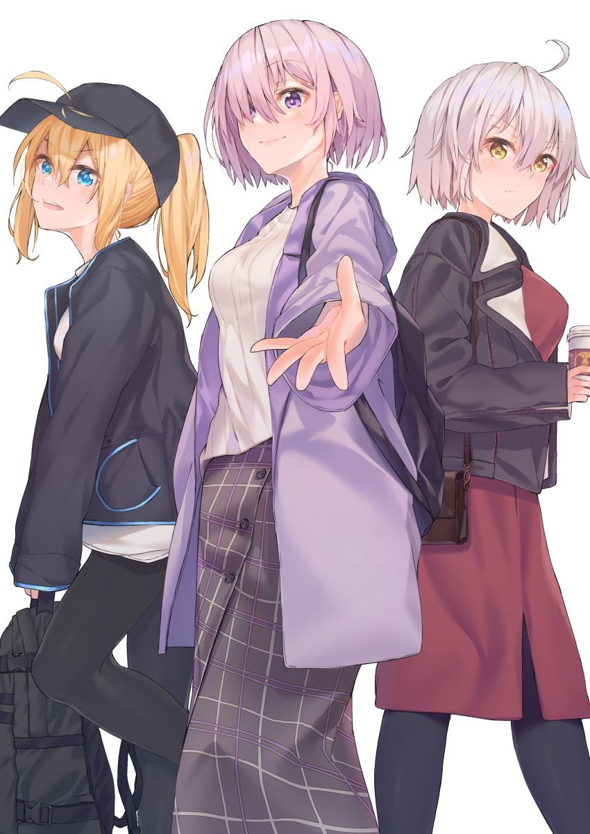3girls :d absurdres ahoge alternate_costume artoria_pendragon_(all) backpack bag bangs baseball_cap black_hat black_jacket black_skirt blonde_hair blue_eyes breasts buttons casual closed_mouth coat cup disposable_cup dress fate/grand_order fate_(series) feet_out_of_frame hair_between_eyes hair_over_one_eye hair_through_headwear hat head_tilt highres holding holding_bag holding_cup hood hood_down hooded_jacket jacket jeanne_d'arc_(alter)_(fate) jeanne_d'arc_(fate)_(all) large_breasts lavender_hair leggings legs_apart long_coat long_hair long_skirt long_sleeves mash_kyrielight medium_breasts multiple_girls open_clothes open_coat open_jacket open_mouth outstretched_hand pantyhose peaked_cap plaid plaid_skirt ponytail purple_coat red_dress ribbed_sweater shirt short_hair shoulder_bag sidelocks silver_hair simple_background skirt sleeves_past_wrists smile standing standing_on_one_leg sweater upper_teeth v-shaped_eyebrows violet_eyes white_background white_shirt white_sweater wing_collar yellow_eyes yoro_kurenai