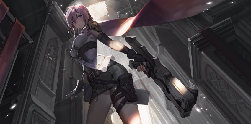 1girl armor bangs belt breasts cape closed_mouth commentary_request final_fantasy final_fantasy_xiii fingerless_gloves gloves hair_between_eyes highres holding holding_weapon indoors kishiyo light light_particles light_rays lightning_farron lips looking_at_viewer medium_breasts miniskirt pink_hair short_hair shoulder_pads sidelocks skirt sleeveless solo thigh_strap violet_eyes weapon