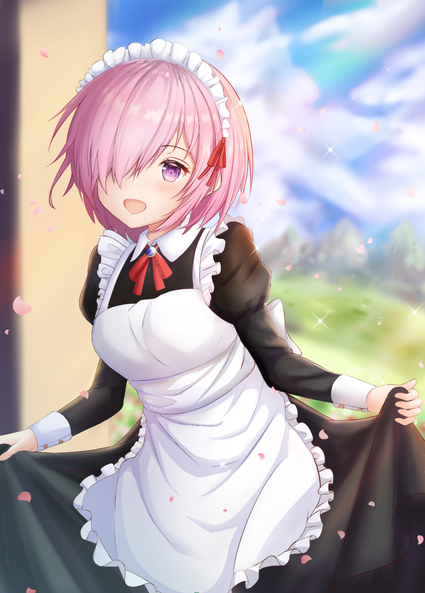 09261377 1girl :d alternate_costume apron bangs black_dress blue_sky blurry blurry_background breasts brooch clouds cloudy_sky collared_dress commentary_request cowboy_shot day depth_of_field dress enmaided fate/grand_order fate_(series) frilled_apron frills glint hair_over_one_eye hair_ribbon highres jewelry juliet_sleeves lavender_hair long_sleeves looking_at_viewer maid maid_apron maid_headdress mash_kyrielight medium_breasts neck_ribbon open_mouth outdoors petals puffy_sleeves red_neckwear red_ribbon ribbon short_hair skirt_hold sky smile solo sparkle tree violet_eyes white_apron