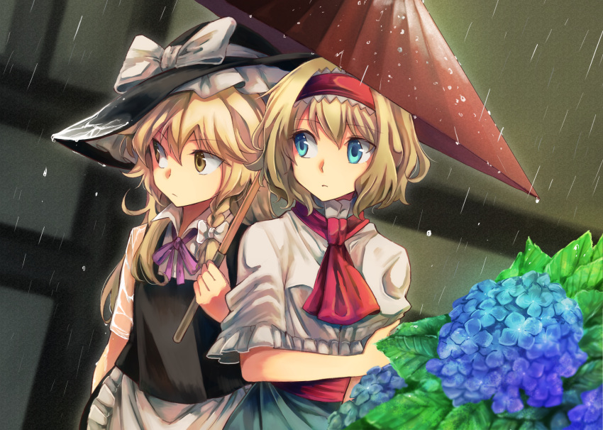 2girls alice_margatroid apron black_hat black_vest blonde_hair blue_eyes blue_flower blue_skirt bow braid capelet collared_shirt commentary_request eyebrows_visible_through_hair flower hair_between_eyes hair_bow hairband hat hat_bow highres holding holding_umbrella hydrangea kirisame_marisa long_hair mitsunara multiple_girls neck_ribbon outdoors purple_ribbon rain red_hairband red_neckwear ribbon shared_umbrella shirt short_hair side_braid skirt touhou umbrella vest waist_apron wet wet_clothes wet_shirt white_bow white_capelet white_shirt wing_collar witch_hat yellow_eyes