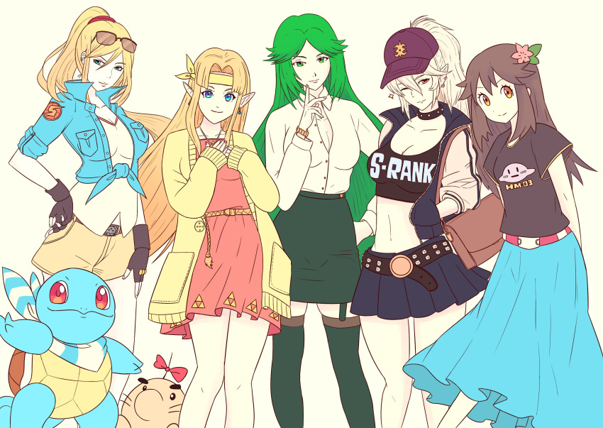 5girls absurdres alternate_hairstyle bag belt blonde_hair blue_(pokemon) breasts brown_hair casual cleavage clothes_writing creatures_(company) crop_top doseisan dress eyewear_on_head female_my_unit_(fire_emblem_if) fingerless_gloves fire_emblem fire_emblem_if flower game_freak garter_straps gen_1_pokemon gloves green_hair hair_flower hair_ornament hand_on_hip handbag hands_in_pockets headband highres jacket kid_icarus kid_icarus_uprising long_hair long_skirt metroid midriff miniskirt mother_(game) multiple_girls my_unit_(fire_emblem_if) navel nintendo one_eye_closed palutena pointy_ears pokemon pokemon_(game) pokemon_frlg ponytail princess_zelda samus_aran scarf short_shorts shorts skirt smile squirtle stomach sunglasses super_smash_bros. super_smash_bros._ultimate the_legend_of_zelda the_legend_of_zelda:_a_link_between_worlds truejekart very_long_hair watch watch