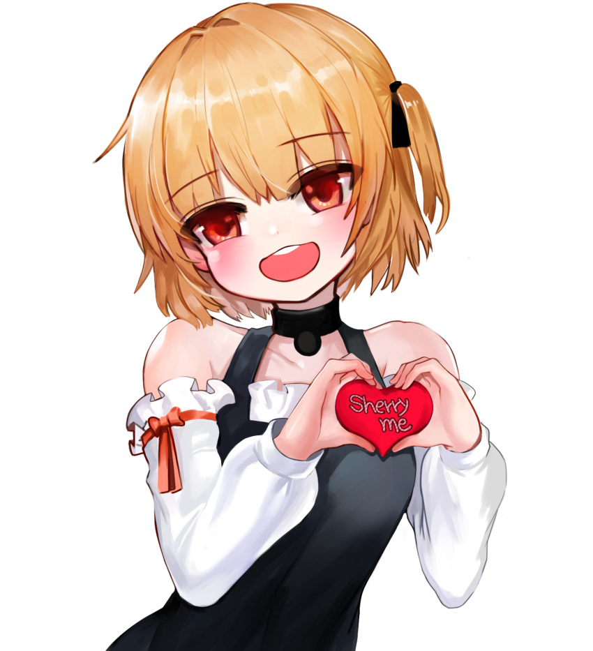 1girl :d bangs bare_shoulders black_choker black_dress blush choker collarbone commentary detached_sleeves dokomon dress eyebrows_visible_through_hair hair_between_eyes hands_up heart heart_hands highres light_brown_hair long_sleeves looking_at_viewer one_side_up open_mouth original puffy_long_sleeves puffy_sleeves red_eyes round_teeth short_hair simple_background sleeveless sleeveless_dress smile solo teeth upper_body upper_teeth white_background white_sleeves