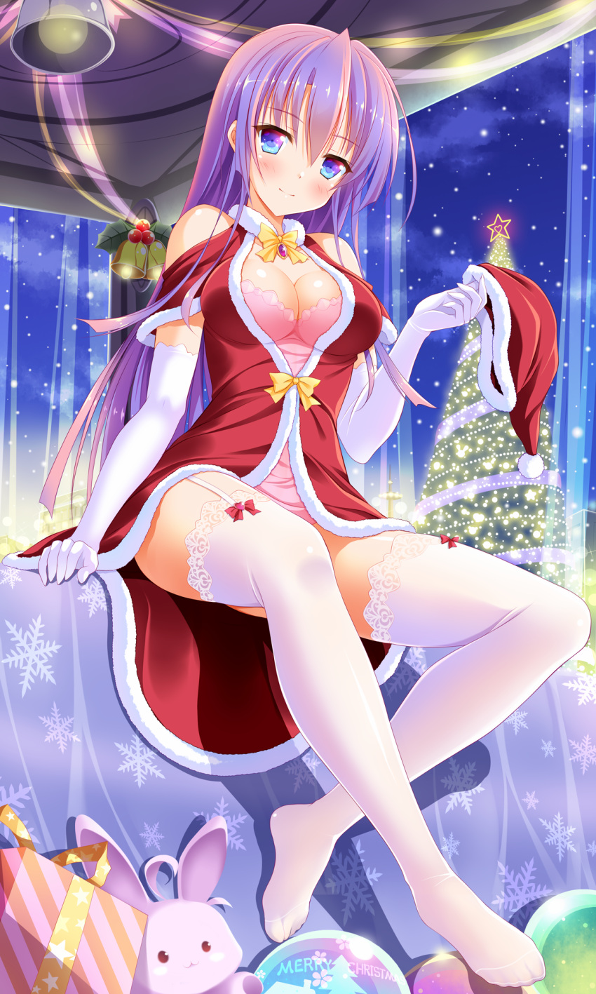 1girl bangs bashen_chenyue bell blue_eyes blush bow box breasts christmas christmas_ornaments christmas_tree cleavage closed_mouth clouds collarbone dress elbow_gloves eyebrows_visible_through_hair fur-trimmed_dress fur-trimmed_hat fur-trimmed_sleeves fur_trim garter_straps gift gift_box gloves hair_between_eyes hat hat_removed head_tilt headwear_removed heart highres holding holding_hat lace lace-trimmed_thighhighs long_hair medium_breasts merry_christmas night night_sky no_shoes original outdoors purple_hair red_bow red_dress red_hat santa_hat short_sleeves sky smile snowflake_print snowing solo star stuffed_animal stuffed_bunny stuffed_toy thigh-highs very_long_hair white_gloves white_legwear yellow_bow