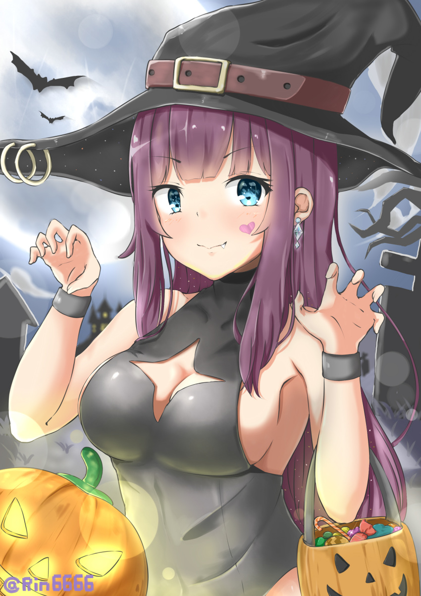 1girl absurdres bag bangs bat black_leotard blue_eyes blunt_bangs blush breasts candy claw_pose cleavage closed_mouth earrings eyebrows_visible_through_hair fang_out food halloween hat hat_belt highres jack-o'-lantern jewelry leotard long_hair looking_at_viewer medium_breasts night original pumpkin purple_hair qianxiaolin sideboob smile solo upper_body very_long_hair witch witch_hat wristband