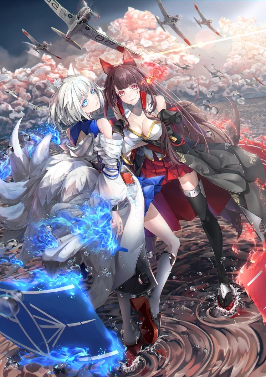 2girls aircraft airplane akagi_(azur_lane) animal_ears azur_lane bangs black_kimono blue_eyes blunt_bangs breasts cleavage eyeliner eyeshadow fox_ears fox_girl fox_mask fox_tail hakama_skirt highres japanese_clothes kaga_(azur_lane) kimono kitsune makeup mask multiple_girls multiple_tails off_shoulder red_eyes red_skirt skirt tail water white_hair white_kimono wide_sleeves