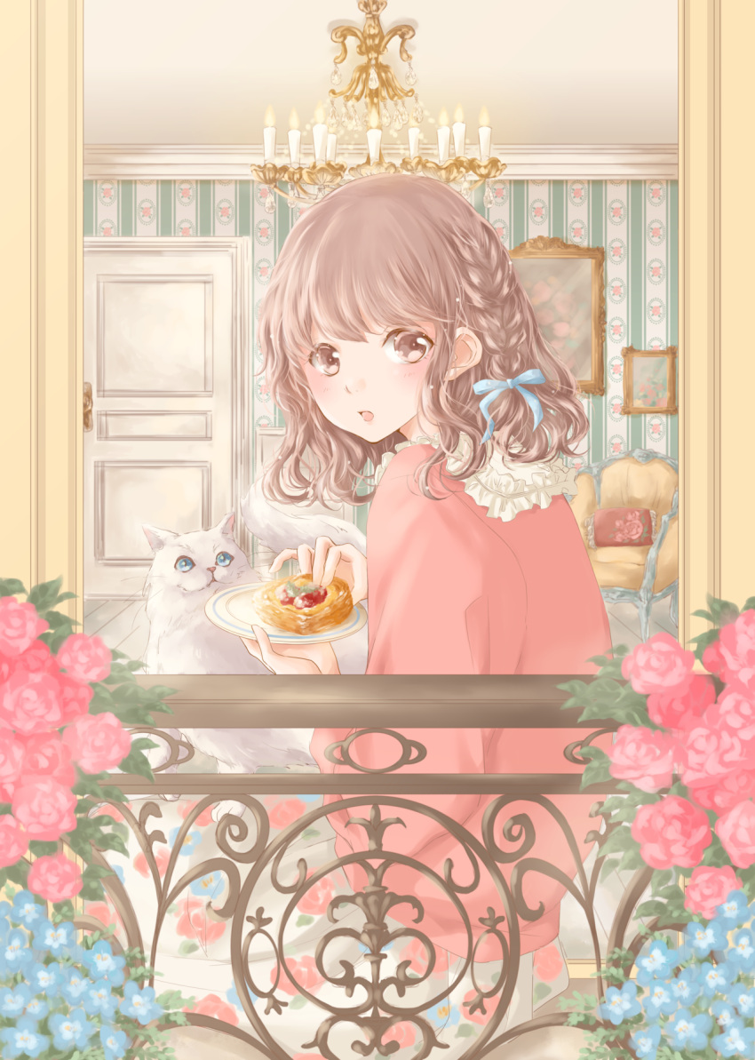 1girl balcony blouse braid brown_eyes brown_hair cat chair chandelier door floral_print flower food from_outside hair_ribbon highres holding holding_food holding_plate hoshiibara_mato ironwork long_sleeves looking_at_viewer looking_back looking_out_window open_mouth original painting_(object) pastry pink_blouse pink_flower pink_rose plate railing ribbon rose short_hair single_braid sitting skirt solo tress_ribbon wallpaper_(object) white_cat white_skirt wooden_floor