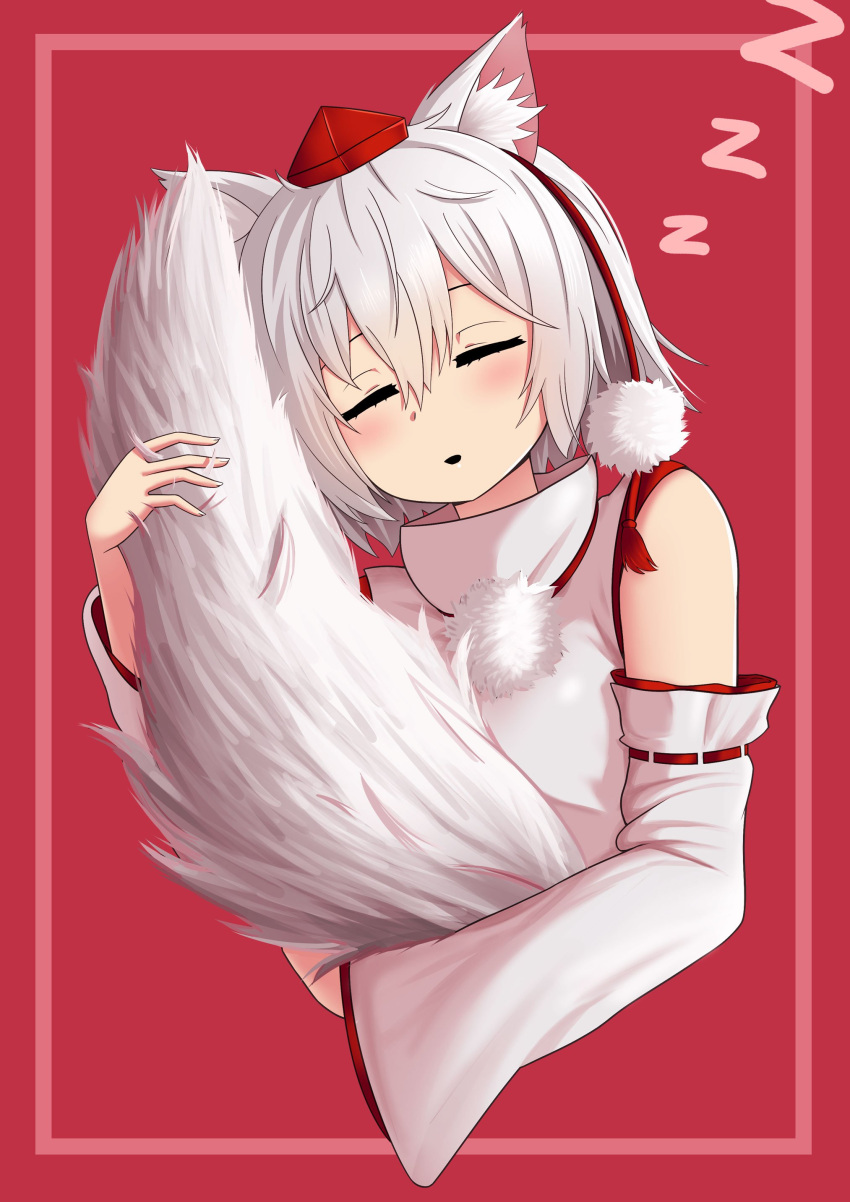 1girl absurdres animal_ears bare_shoulders blush border closed_eyes commentary detached_sleeves english_commentary hat highres holding_own_tail hug inubashiri_momiji open_mouth pink_border pom_pom_(clothes) red_background ribbon-trimmed_sleeves ribbon_trim shirt short_hair silver_hair simple_background sleeping sleeveless sleeveless_shirt snoring solo tail the_only_shoe tokin_hat touhou turtleneck upper_body white_shirt wide_sleeves wolf_ears wolf_girl wolf_tail zzz