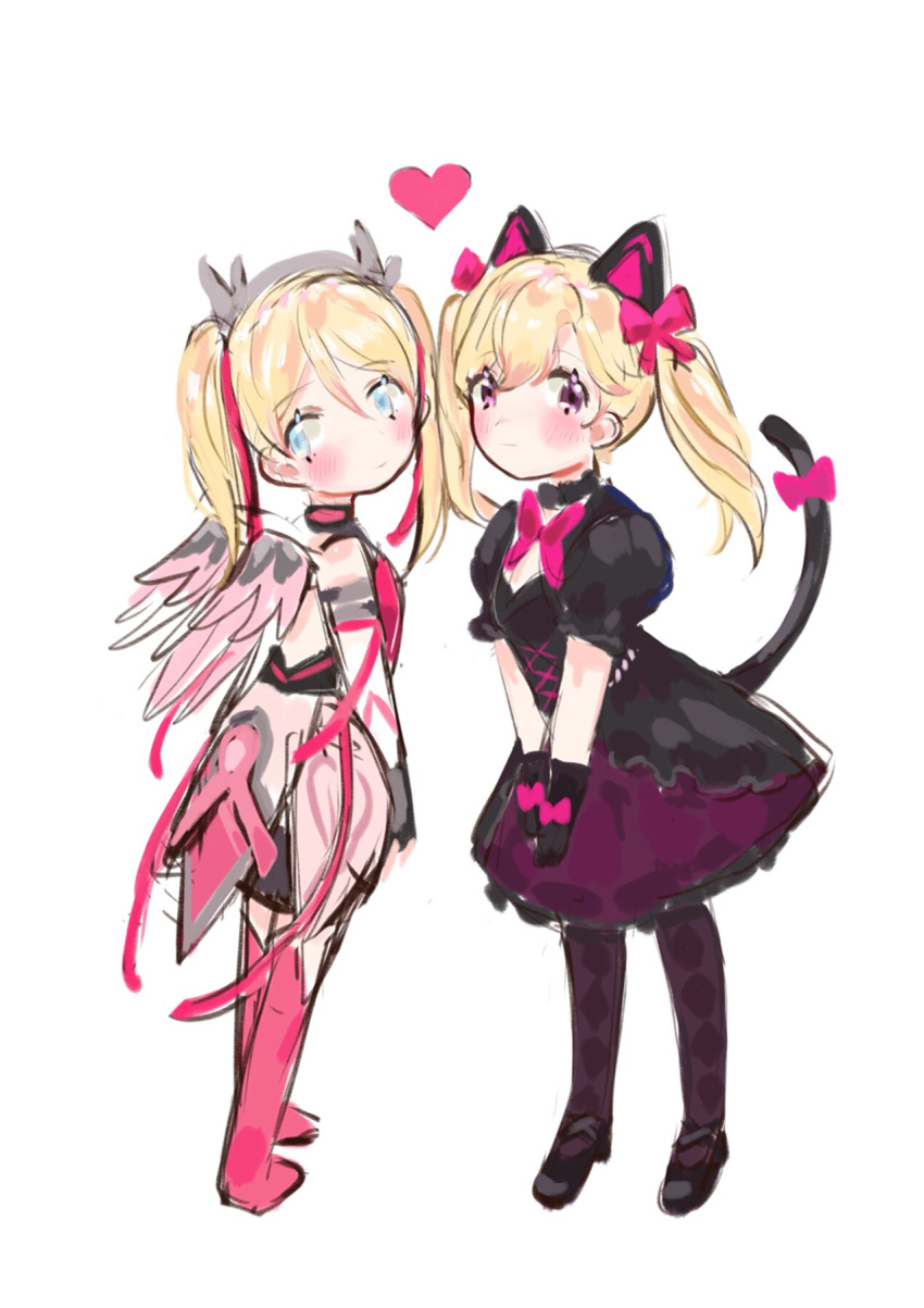 2girls alternate_costume alternate_hairstyle animal_ears bangs bare_shoulders black_cat black_cat_d.va black_dress black_gloves blonde_hair blue_eyes blush bow cat cat_ears cat_tail d.va_(overwatch) dress eyebrows_visible_through_hair gloves hair_ribbon heart highres looking_at_viewer mechanical_wings meowlian mercy_(overwatch) multiple_girls nose overwatch pink_bow pink_dress pink_legwear pink_mercy pink_ribbon pink_skirt puffy_short_sleeves puffy_sleeves ribbon short_sleeves skirt tail tail_bow thigh-highs twintails white_background wings