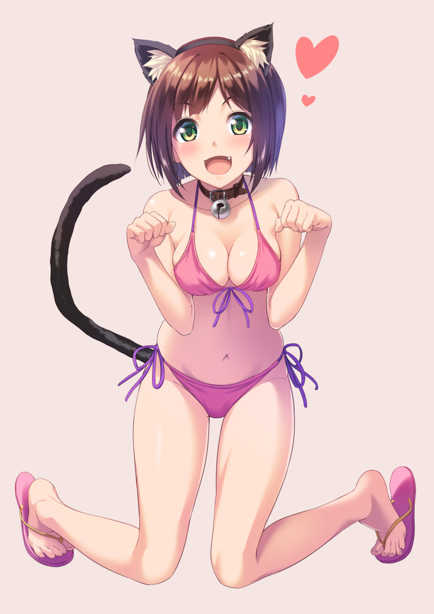 1girl :d absurdres animal_ears bare_shoulders bell bell_collar bikini blush breasts brown_hair cat_ears cat_tail cleavage collar collarbone fake_animal_ears fang feet flip-flops front-tie_top green_eyes highres idolmaster idolmaster_cinderella_girls kneeling looking_at_viewer maekawa_miku medium_breasts navel open_mouth paw_pose purple_bikini sandals short_hair side-tie_bikini simple_background smile solo star swimsuit tail tenkuu_nozora toes