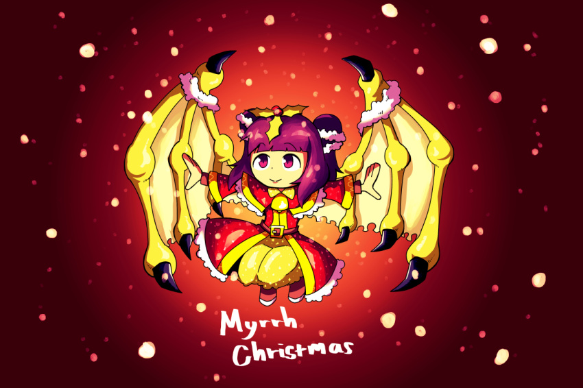 1girl bangs bell belt blunt_bangs capelet chibi christmas closed_mouth commentary double_bun dress english_commentary english_text eyebrows_visible_through_hair fire_emblem flying fur_trim hair_ornament long_sleeves merry_christmas myrrh neck_bell nintendo pants pun purple_hair red_background red_capelet red_dress setz shoes short_hair smile snow solo violet_eyes wings yellow_pants