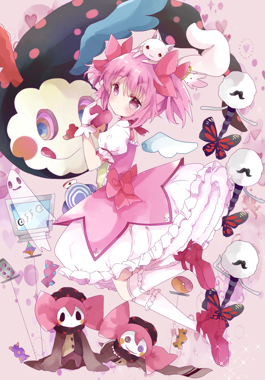 1girl anthony_(madoka_magica) bangs blush bug butterfly candy_wrapper character_request charlotte_(madoka_magica) commentary creature detached_wings eyebrows_visible_through_hair frilled_skirt frills ghost hair_between_eyes hair_ribbon hand_up head_tilt heart highres insect kaname_madoka kneehighs kyubey looking_at_viewer looking_to_the_side mahou_shoujo_madoka_magica mini_wings monitor on_head pink_hair puffy_short_sleeves puffy_sleeves red_footwear red_ribbon ribbon shirt shoe_soles shoes short_sleeves skirt sparkle symbol_commentary tsukiyo_(skymint) twintails white_legwear white_shirt white_skirt white_wings wings