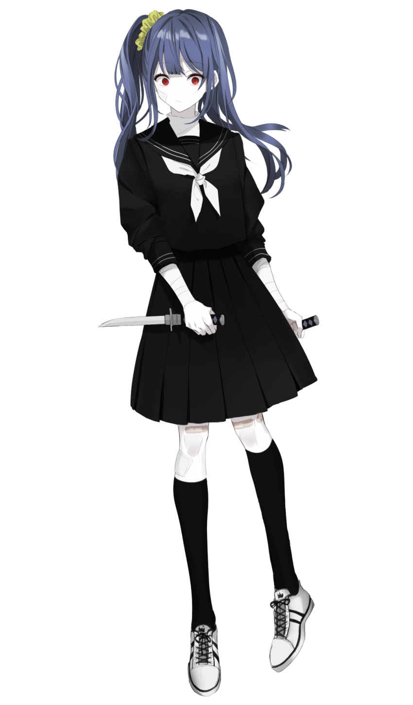 1girl asa_(memento) bandage bandage_on_face bandaged_arm bandaged_leg bandages bandaid bandaid_on_knee bangs black_legwear black_sailor_collar black_serafuku black_shirt black_skirt blue_hair closed_mouth constricted_pupils dual_wielding eyebrows_visible_through_hair full_body green_scrunchie hair_ornament hair_scrunchie highres holding holding_knife kneehighs knife long_hair long_sleeves looking_at_viewer neckerchief original pale_skin pleated_skirt red_eyes sailor_collar sanpaku school_uniform scrunchie serafuku shirt shoes side_ponytail simple_background skirt sleeves_pushed_up sneakers solo standing standing_on_one_leg white_background white_footwear white_neckwear