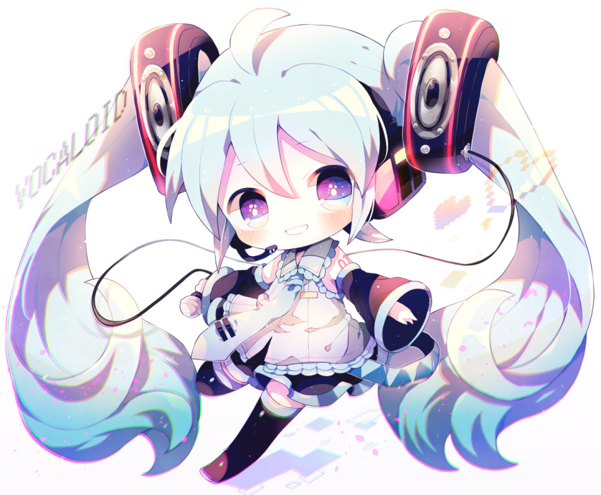 1girl ahoge aqua_hair aqua_neckwear bangs black_footwear black_legwear black_skirt blue_eyes blush boots cable character_name chibi collared_shirt detached_sleeves frilled_shirt frilled_shirt_collar frills full_body grey_shirt grin haru431 hatsune_miku headset heart holding holding_microphone long_hair looking_at_viewer microphone outstretched_arms shirt shoulder_tattoo skirt smile solo speaker spread_arms standing standing_on_one_leg strap tattoo thigh-highs thigh_boots tie_clip twintails very_long_hair vocaloid