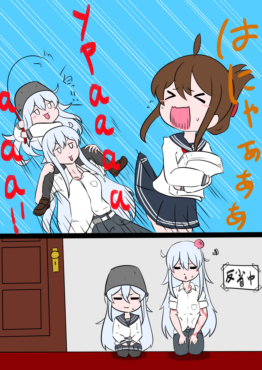 &gt;_&lt; absurdres black_legwear brown_hair bucket bucket_on_head comic door female_admiral_(kantai_collection) fishing_rod folded_ponytail head_bump hibiki_(kantai_collection) highres inazuma_(kantai_collection) kantai_collection kawani_kofu long_hair object_on_head scar school_uniform seiza serafuku silver_hair sitting skirt skirt_lift translation_request verniy_(kantai_collection)