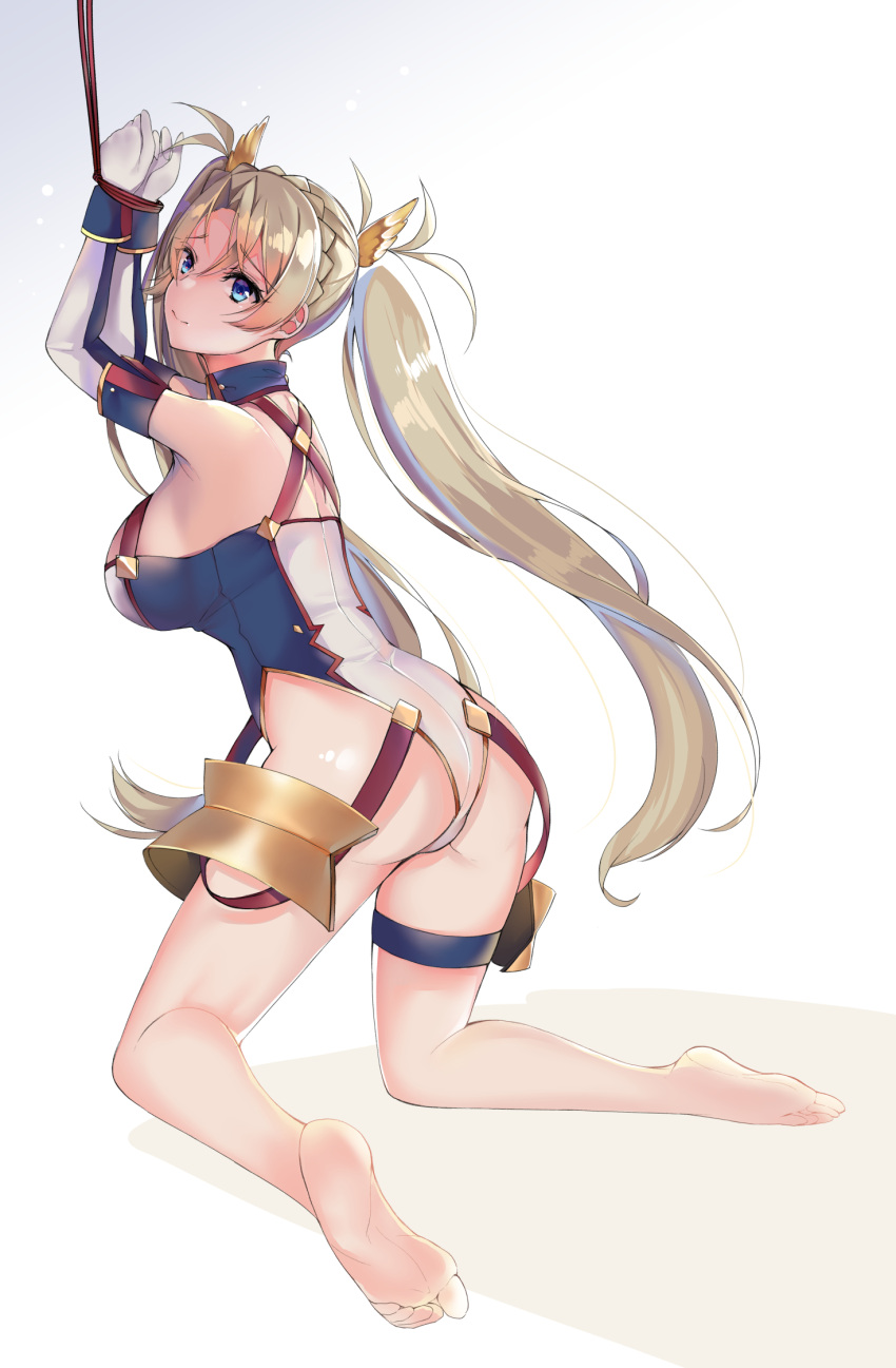 1girl arms_up ass bangs bare_shoulders barefoot blonde_hair blue_eyes bound bound_wrists bradamante_(fate/grand_order) braid breasts closed_mouth dongye elbow_gloves fate/grand_order fate_(series) faulds feet french_braid gloves gradient gradient_background hair_between_eyes hair_ornament highleg highleg_leotard highres hips kneeling large_breasts legs leotard long_hair looking_at_viewer looking_back smile solo thighs twintails very_long_hair