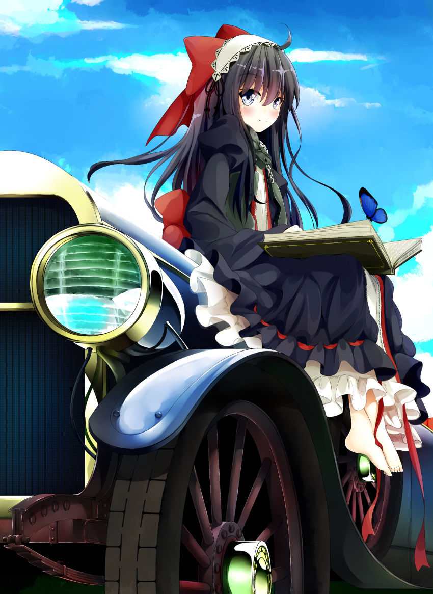 1girl absurdres barefoot black_dress blue_eyes book bow bug butterfly car clouds dress gothic_lolita ground_vehicle hair_bow highres insect lolita_fashion long_hair motor_vehicle original outdoors reading ribbon shiqimu sitting sky smile solo toes