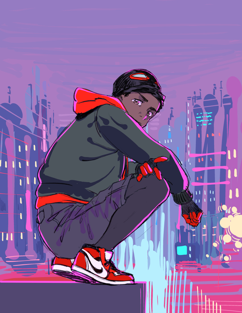 1boy \m/ absurdres bodysuit_under_clothes bomhat brown_eyes building city dark_skin dark_skinned_male highres hood hood_down hoodie jacket looking_at_viewer marvel mask mask_on_head raised_eyebrow shoes shorts sneakers solo spider-man:_into_the_spider-verse spider-man_(miles_morales) spider-man_(series) squatting