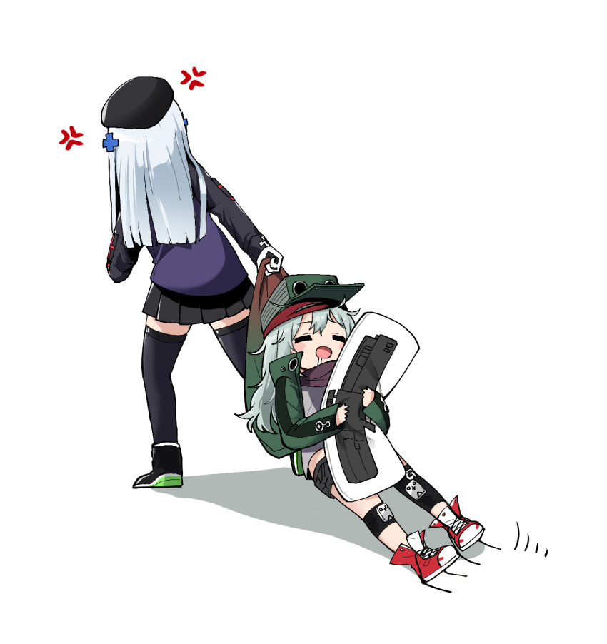 2girls =_= anger_vein beret black_footwear black_hat black_legwear black_shorts black_skirt blush_stickers cross_hair_ornament dragging drooling facing_away from_behind g11_(girls_frontline) girls_frontline gloves green_hat green_jacket grey_shirt hair_ornament hat highres hk416_(girls_frontline) jacket junsuina_fujunbutsu knee_pads legs_apart long_hair long_sleeves military military_uniform miniskirt motion_lines multiple_girls open_clothes open_jacket open_mouth pleated_skirt purple_jacket red_footwear scarf shadow shirt shoes short_shorts shorts silver_hair simple_background skirt sleeves_past_wrists sneakers thigh-highs uniform untied_shoes white_background white_gloves white_hair zettai_ryouiki