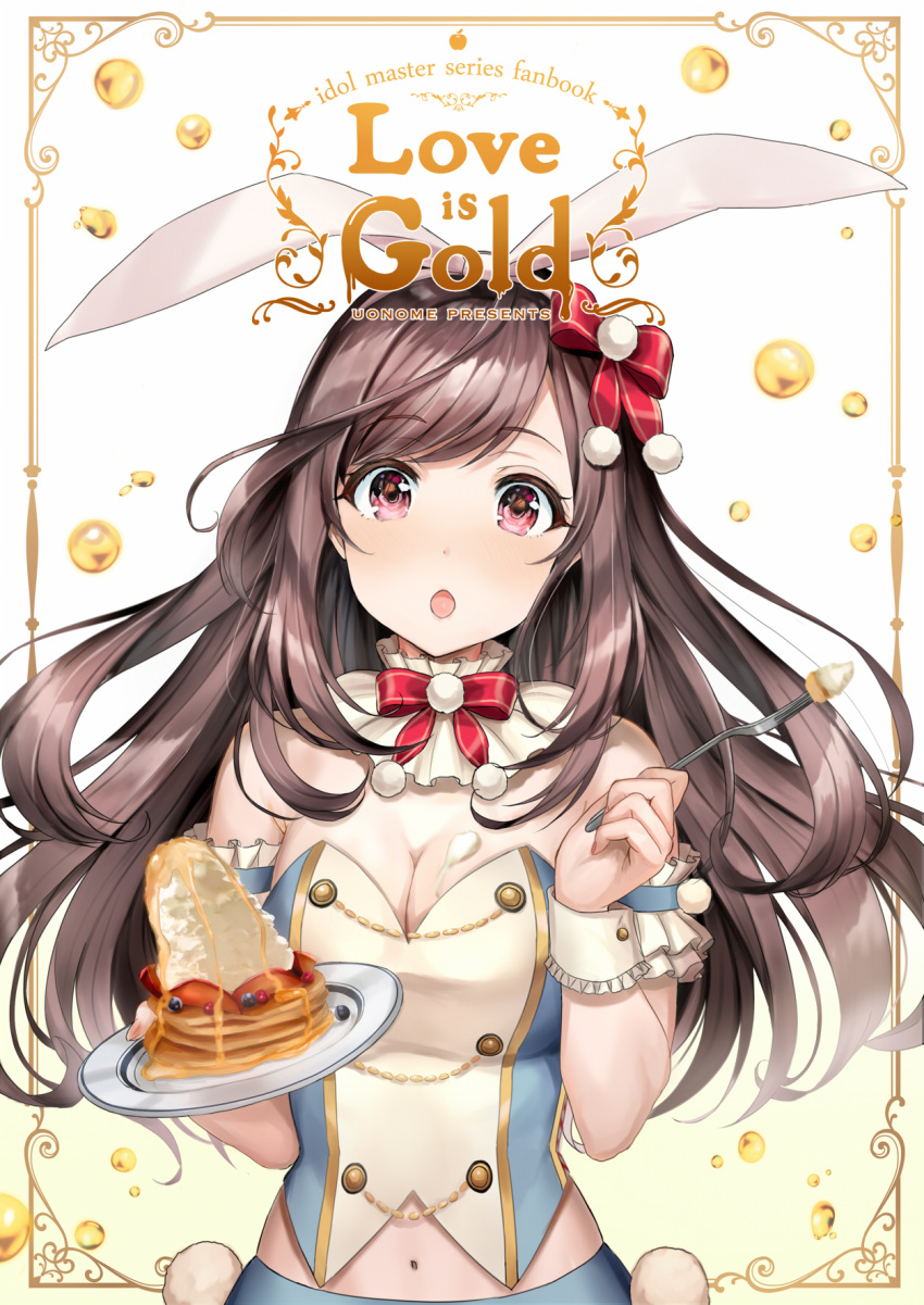 1girl :o animal_ears breasts brown_hair cleavage commentary_request copyright_name english_text eyebrows_visible_through_hair fake_animal_ears food fork highres holding holding_fork holding_plate idolmaster idolmaster_shiny_colors large_breasts light_blush long_hair looking_at_viewer navel pancake pink_eyes plate rabbit_ears sakamuke solo tsukioka_kogane upper_body