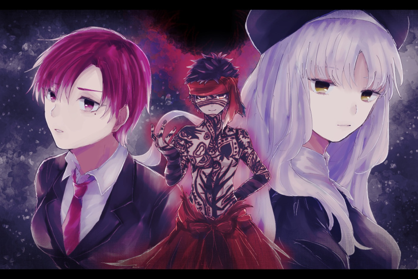 1boy 2girls avenger bazett_fraga_mcremitz black_hair caren_hortensia closed_mouth expressionless fate/hollow_ataraxia fate_(series) full_body_tattoo hand_on_hip hat letterboxed long_hair looking_at_viewer messy_hair mole mole_under_eye multiple_girls necktie ogura_(12pie) red_eyes red_headband red_neckwear redhead shirtless short_hair smile tattoo very_short_hair white_hair yellow_eyes