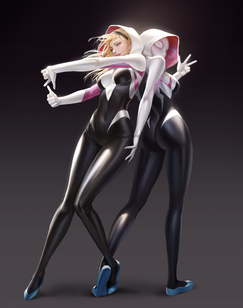 2girls absurdres back back-to-back blonde_hair blue_eyes bodysuit breasts covered_navel dual_persona full_body gradient gradient_background hairband hand_on_another's_hip highres hood looking_back looking_to_the_side marvel mask medium_hair multiple_girls outstretched_arm shiny shiny_clothes skin_tight smile spider-gwen spider-man_(series) spider_web_print standing superhero taekwon_kim tiptoes v