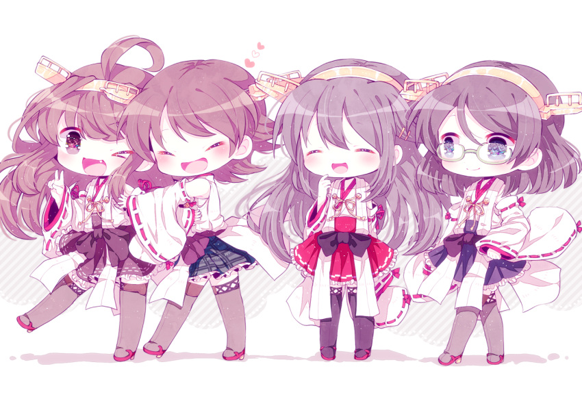 &gt;_o 4girls :d ;d ^_^ ahoge bangs black_legwear black_skirt blue_eyes blush brown_eyes brown_hair chibi closed_eyes closed_eyes detached_sleeves fang frilled_skirt frills full_body glasses hair_ornament hairband hairpin hand_to_own_mouth haru431 haruna_(kantai_collection) heart hiei_(kantai_collection) hug japanese_clothes kantai_collection kimono kirishima_(kantai_collection) kongou_(kantai_collection) long_hair looking_at_viewer multiple_girls nontraditional_miko one_eye_closed open_mouth plaid plaid_skirt red_footwear red_skirt ribbon-trimmed_sleeves ribbon_trim sash semi-rimless_eyewear short_hair skirt smile standing thigh-highs under-rim_eyewear v