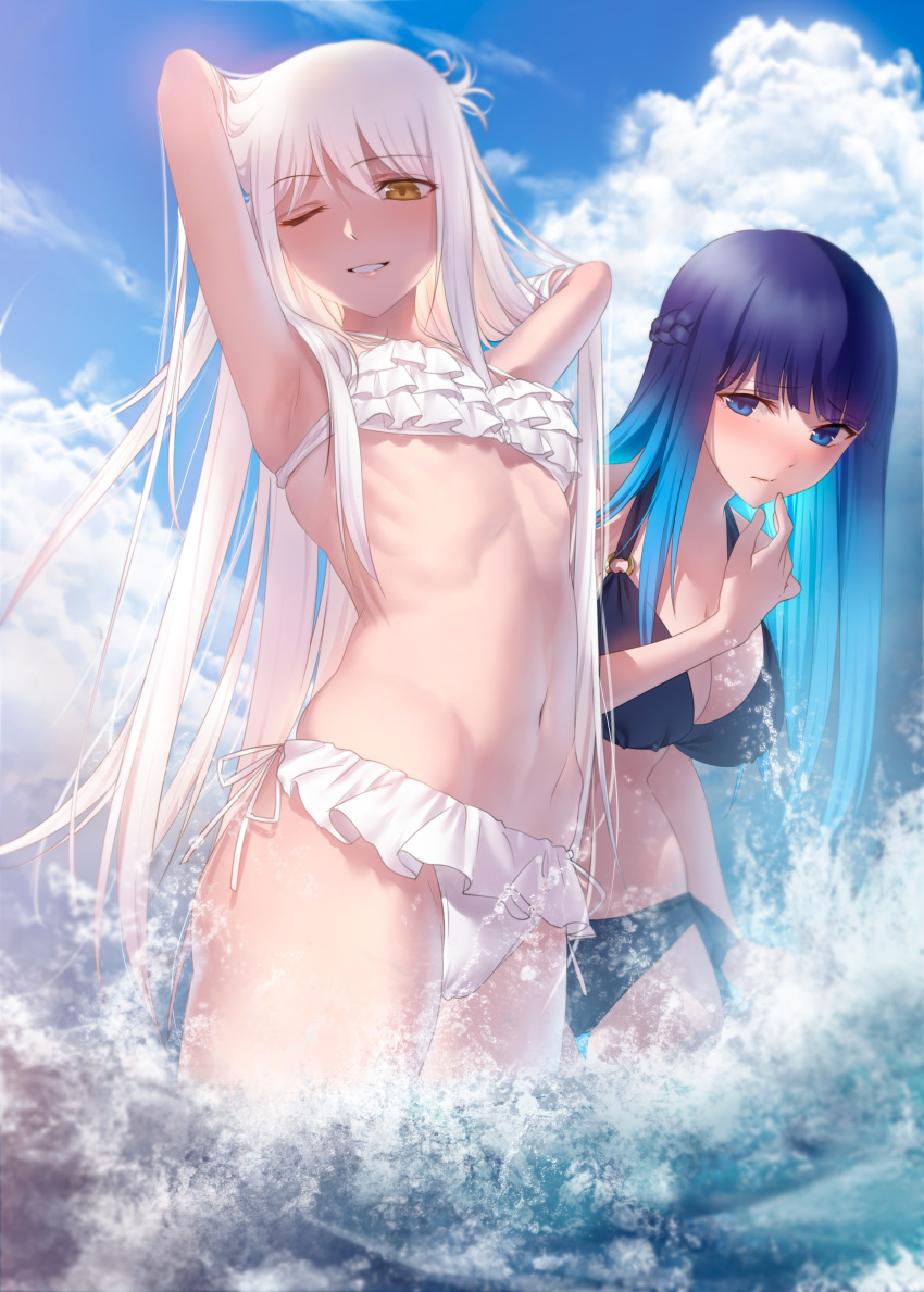 2girls absurdres armpits arms_behind_head asaba0327 bangs bikini black_bikini blue_eyes blue_hair blue_sky blush braid breasts brown_eyes cleavage clouds commentary_request day french_braid frilled_bikini frills gradient_hair grin groin hair_between_eyes hand_up highres large_breasts long_hair looking_at_viewer medium_breasts multicolored_hair multiple_girls o-ring o-ring_top ocean one_eye_closed original outdoors revision side-tie_bikini sidelocks silver_hair sky small_breasts smile standing stomach swimsuit tareme wading white_bikini