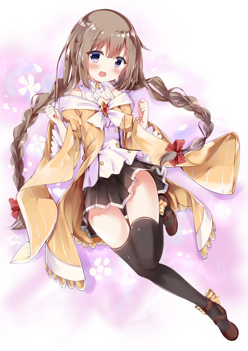 1girl :d absurdres bangs bare_shoulders black_legwear black_skirt blue_eyes blush braid brooch brown_footwear brown_hair buttons collarbone eyebrows_visible_through_hair floating_hair frilled_shirt frills full_body fuyuki030 hair_ribbon highres jewelry leg_up long_hair long_sleeves looking_at_viewer mary_janes miniskirt off_shoulder open_mouth original pleated_skirt red_ribbon ribbon shirt shoes skirt sleeveless sleeveless_shirt smile solo striped thigh-highs twin_braids twintails very_long_hair white_shirt wide_sleeves yellow_ribbon zettai_ryouiki
