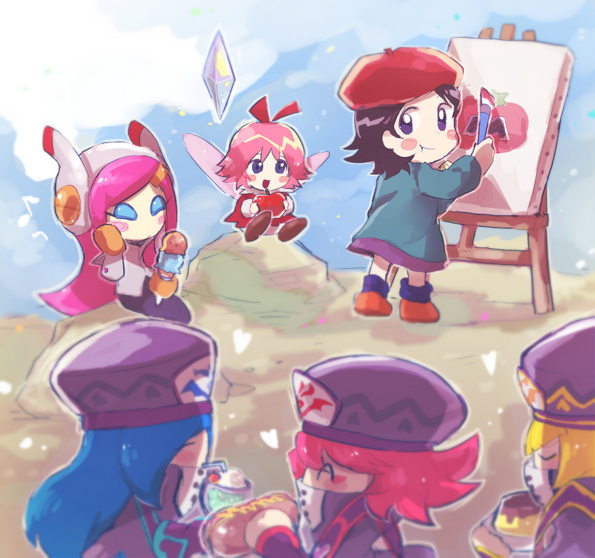 6+girls adeleine apple beret black_hair blonde_hair blue_hair blurry blush_stickers canvas_(object) chiimako closed_eyes crystal depth_of_field eating fairy_wings flamberge_(kirby) food francisca_(kirby) fruit hat hot_dog ice_cream kirby:_star_allies kirby_(series) long_hair maxim_tomato medium_hair multiple_girls nintendo painting parfait pink_hair pudding redhead ribbon_(kirby) sitting standing susie_(kirby) wings zan_partizanne