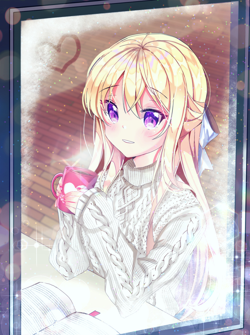 1girl aran_sweater bang_dream! bangs blonde_hair blue_bow blurry blurry_background blush book bow commentary_request cup depth_of_field elbow_rest eyebrows_visible_through_hair fingernails from_outside hair_between_eyes hair_bow heart highres holding holding_cup long_hair long_sleeves looking_at_viewer looking_out_window miyo_(user_zdsp7735) mug nail_polish open_book parted_lips pink_nails shirasagi_chisato sleeves_past_wrists solo sparkle sweater table very_long_hair violet_eyes white_sweater window window_writing wooden_floor