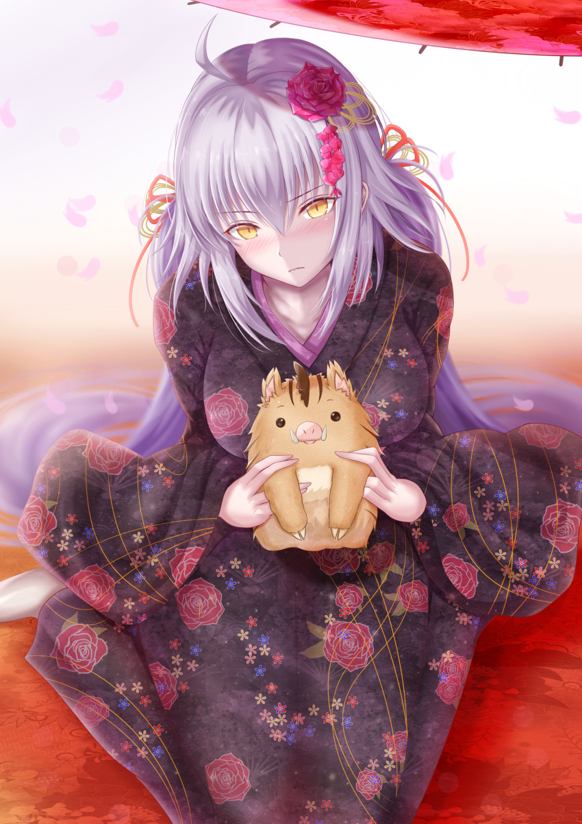 1girl absurdres ahoge blush breasts commentary_request fate/grand_order fate_(series) flower hair_flower hair_ornament hair_ribbon head_tilt highres holding holding_stuffed_animal japanese_clothes jeanne_d'arc_(alter)_(fate) jeanne_d'arc_(fate)_(all) kimono kneeling large_breasts long_hair oriental_umbrella pale_skin penguintake petals ribbon silver_hair solo stuffed_animal stuffed_toy umbrella very_long_hair yellow_eyes