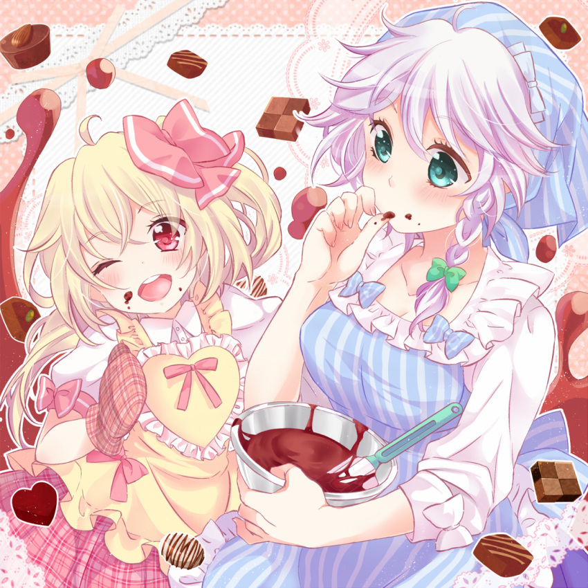 2girls ;d ahoge almond apron arms_up blonde_hair blue_eyes blush bowl braid breasts checkerboard_cookie chocolate chocolate_making cleavage commentary_request cookie finger_licking flandre_scarlet food hair_ribbon head_scarf head_tilt holding holding_bowl izayoi_sakuya licking long_sleeves looking_at_viewer looking_to_the_side medium_breasts mike_(mikenekotei) mixing_bowl multiple_girls no_wings one_eye_closed open_mouth oven_mitts plaid plaid_skirt puffy_short_sleeves puffy_sleeves red_eyes ribbon shirt short_hair short_sleeves side_ponytail silver_hair single_braid skirt sleeves_rolled_up smile striped_apron thumb_to_mouth touhou tress_ribbon two-tone_background upper_body upper_teeth white_shirt yellow_apron