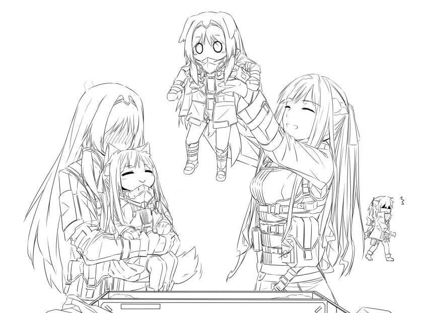 5girls ak-12_(girls_frontline) an-94_(girls_frontline) animal_ears artist_request blush chibi closed_eyes dog dog_ears dog_tail dual_persona embarrassed girls_frontline happy highres lifted_by_another lifting_person mod3_(girls_frontline) multiple_girls o_o puppy sketch smile st_ar-15_(girls_frontline) surprised tactical_clothes tail