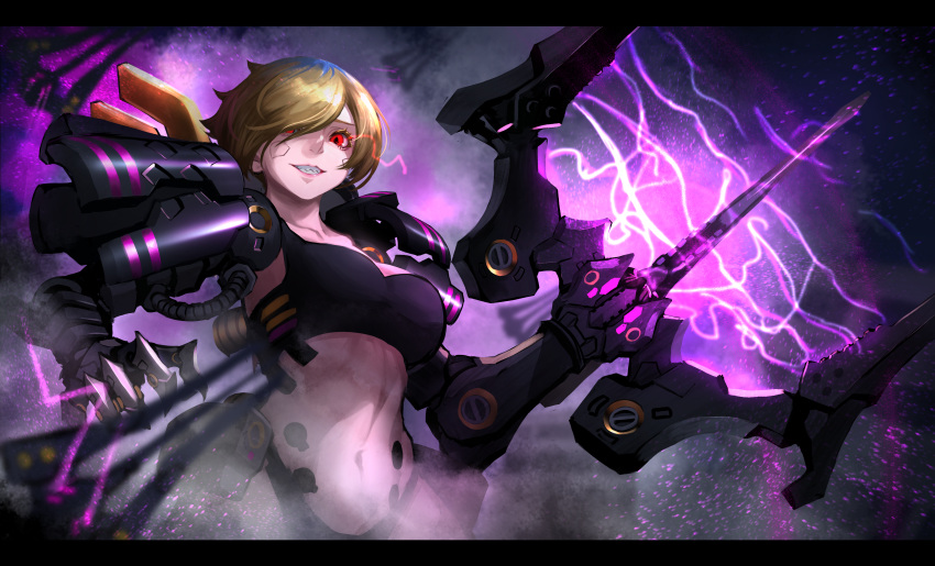 1girl absurdres android asagon007 blonde_hair claws cyborg damaged glowing glowing_eyes highres lightning mecha midriff navel original parts_exposed prosthesis red_eyes science_fiction sharp_teeth smile solo teeth weapon