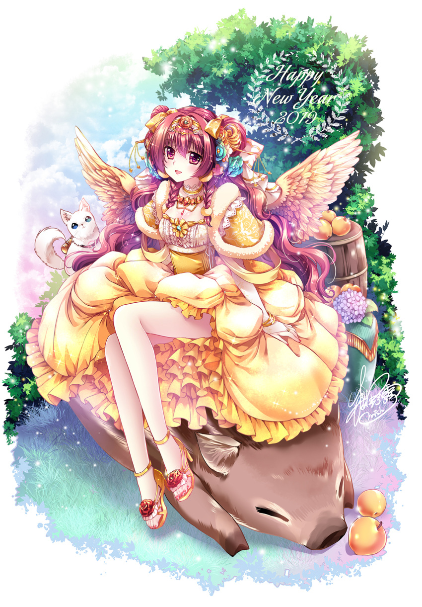 1girl 2019 apple bare_legs barrel blush boar bracelet braid breasts bridal_gauntlets choker cleavage commentary_request dress eyebrows_visible_through_hair feathered_wings flower food frilled_dress frills fruit hair_between_eyes hair_flower hair_ornament happy_new_year high_heels highres hydrangea jewelry long_hair looking_at_viewer medium_breasts necklace new_year no_socks open_mouth original outdoors red_eyes redhead sakurano_tsuyu shiny shiny_clothes shiny_hair signature sitting_on_animal solo twin_braids very_long_hair wavy_hair wings yellow_dress
