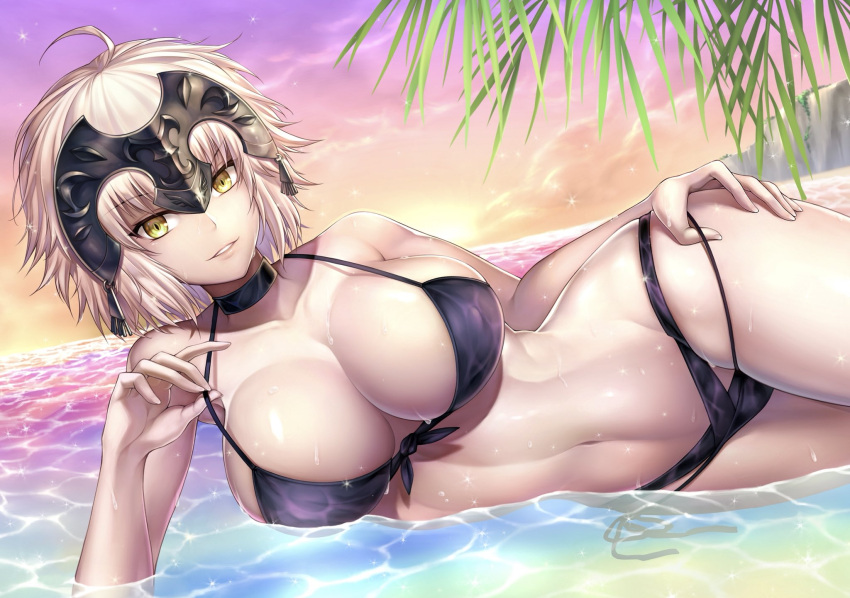 1girl ahoge bangs bare_arms bare_shoulders beach bikini bikini_tug black_bikini blush breasts cleavage collarbone eyebrows_visible_through_hair fate/apocrypha fate/grand_order fate_(series) front-tie_bikini front-tie_top halter_top halterneck headpiece highres jeanne_d'arc_(alter)_(fate) jeanne_d'arc_(fate)_(all) large_breasts looking_at_viewer lying nasaniliu navel ocean on_side outdoors palm_tree parted_lips partially_submerged short_hair side-tie_bikini silver_hair skindentation smile solo sparkle stomach sunset swimsuit tree tsurime wet yellow_eyes