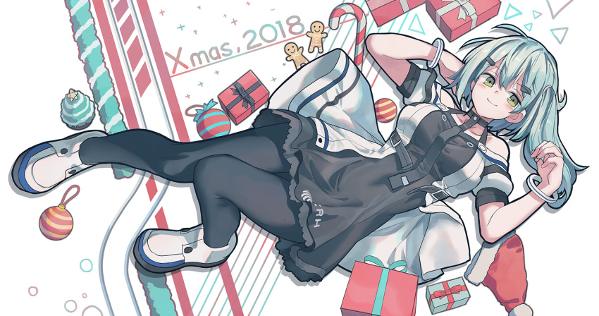 1girl 2018 ahoge black_dress black_legwear blue_hair blush breasts candy candy_cane china_railway_girl christmas closed_mouth commentary_request dress eyebrows_visible_through_hair food gift gingerbread_man green_eyes huanxiang_huifeng large_breasts looking_at_viewer lying on_back one_side_up pantyhose puffy_short_sleeves puffy_sleeves shoes short_dress short_hair short_sleeves smile solo white_footwear wristband