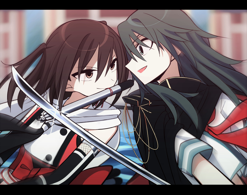 2girls battle black_skirt brown_eyes brown_hair elbow_gloves gloves green_eyes green_hair highres kantai_collection kiso_(kantai_collection) multiple_girls neckerchief remodel_(kantai_collection) scarf school_uniform sendai_(kantai_collection) serafuku short_hair skirt sword torpedo two_side_up weapon white_scarf