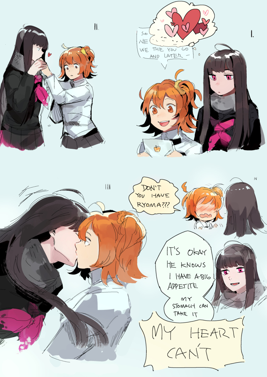 2girls ahoge black_hair black_skirt blush chaldea_uniform comic commentary english_commentary english_text fate/grand_order fate_(series) fujimaru_ritsuka_(female) hand_kiss heart highres holding idk-kun kiss long_hair long_sleeves looking_at_another medium_hair multiple_girls open_mouth orange_eyes orange_hair oryou_(fate) red_eyes scrunchie shirt side_ponytail sketch skirt smile thought_bubble upper_body white_shirt yellow_scrunchie yuri
