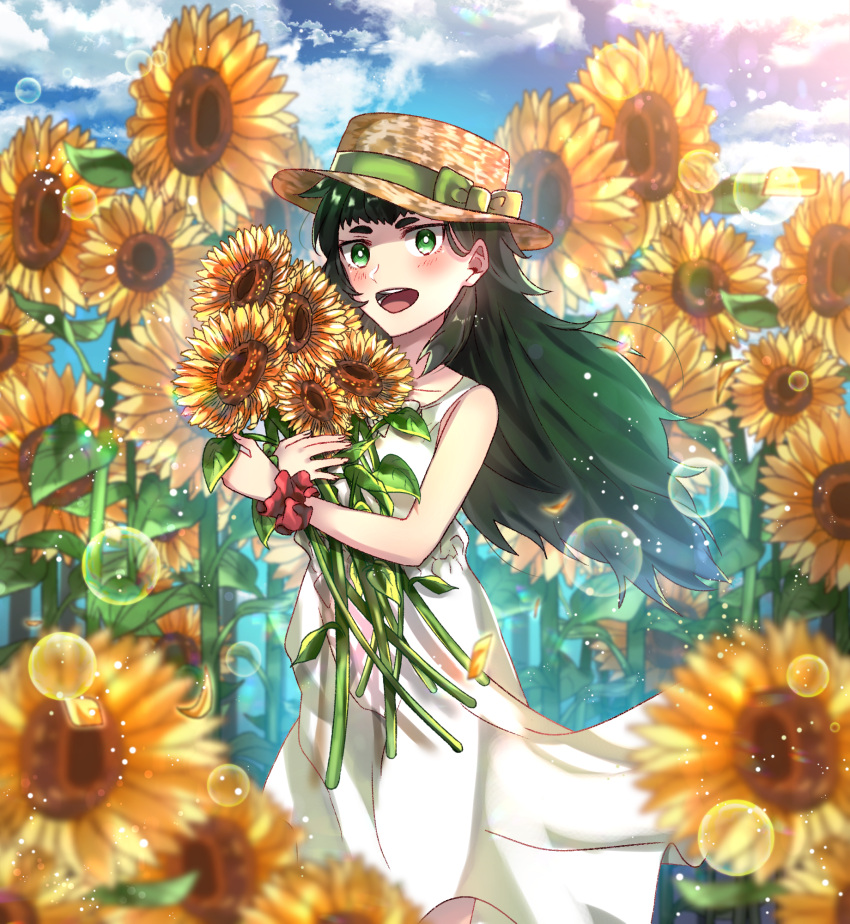 1girl blush clouds cloudy_sky cowboy_shot day dress field flower flower_field getsuyoubi green_eyes green_hair hat hat_ribbon highres hiyajou_maho lens_flare long_hair looking_at_viewer open_mouth ribbon scrunchie sky smile solo steins;gate steins;gate_0 straw_hat sunflower thick_eyebrows white_dress wrist_scrunchie