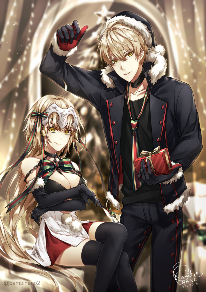 1boy 1girl arthur_pendragon_(fate) artist_name artoria_pendragon_(all) bambi_nano bell black_bikini_top black_gloves black_hat black_jacket black_legwear black_pants black_shirt bow breasts chains choker christmas_tree cleavage collarbone commentary cosplay dated elbow_gloves english_commentary fate/grand_order fate_(series) fur-trimmed_gloves fur_trim gloves green_bow hat highres holding_envelope jacket jeanne_d'arc_(alter)_(fate) jeanne_d'arc_(fate)_(all) jeanne_d'arc_alter_santa_lily jeanne_d'arc_alter_santa_lily_(cosplay) large_breasts legs_crossed long_hair loose_necktie miniskirt necktie pants red_bow sack santa_alter santa_alter_(cosplay) santa_hat shirt signature silver_hair sitting skirt star thigh-highs twitter_username two-tone_bow two-tone_gloves two-tone_neckwear very_long_hair yellow_eyes