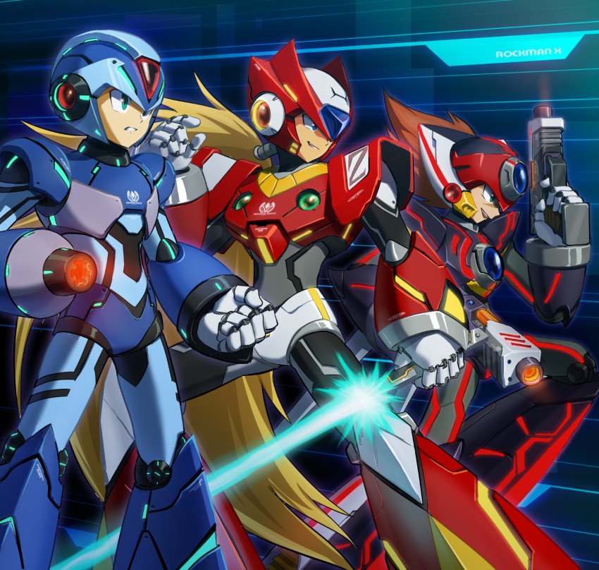 3boys android arm_cannon axl blonde_hair blue_eyes brown_hair capcom clenched_hand commentary_request energy_blade energy_sword green_eyes grin gun helmet highres holding holding_gun holding_weapon long_hair male_focus multiple_boys open_mouth ponytail rockman rockman_x smile sword user_fuyz3388 very_long_hair weapon x_(rockman) zero_(rockman)