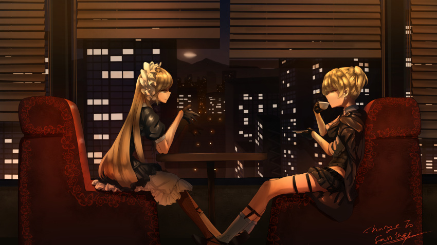 2girls absurdres bangs black_coat black_footwear black_gloves black_skirt blinds blonde_hair braid breasts changetofantasy cityscape closed_mouth cup dress drinking earrings eyebrows_visible_through_hair frills girls_frontline gloves green_eyes gun hair_ornament hairclip half-closed_eyes half_gloves hands_together highres holding holding_cup holding_saucer holster hoop_skirt indoors jacket_on_shoulders jewelry loafers long_hair looking_at_another maid_headdress medium_breasts miniskirt mismatched_legwear multiple_girls necktie night ppk_(girls_frontline) ribbon shirt shoes short_hair sidelocks signature single_thighhigh sitting skindentation skirt smile socks table teacup thigh-highs thigh_holster thigh_strap twintails weapon welrod_mk2_(girls_frontline) white_legwear window yellow_eyes