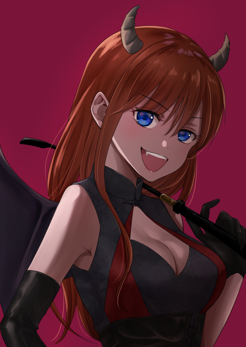 1girl :d absurdres asymmetrical_gloves black_gloves black_wings blue_eyes breasts brown_hair cleavage cleavage_cutout elbow_gloves fangs gintama gloves highres holding_whip horns kagura_(gintama) kuroneko_w1nter long_hair looking_at_viewer medium_breasts open_mouth red_background simple_background single_wing sleeveless smile solo upper_body wings